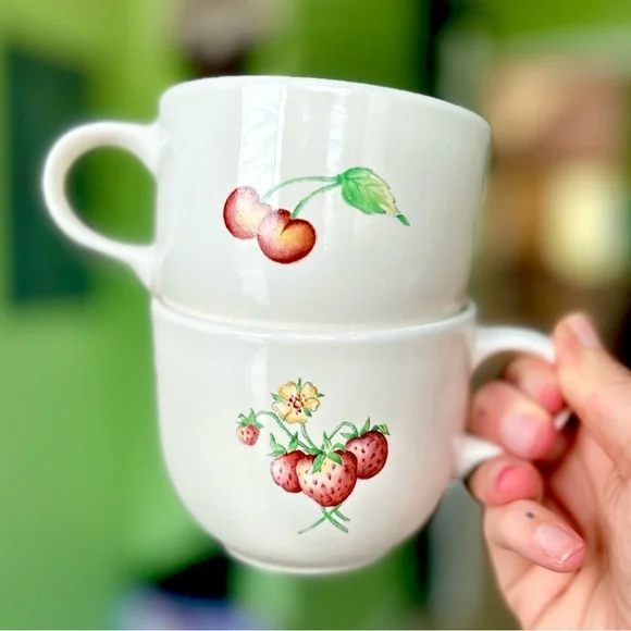 VTG Cottagecore Farmhouse Fruity Strawberry Cherry Charming Mugs Set of 2 - Picture 5 of 8
